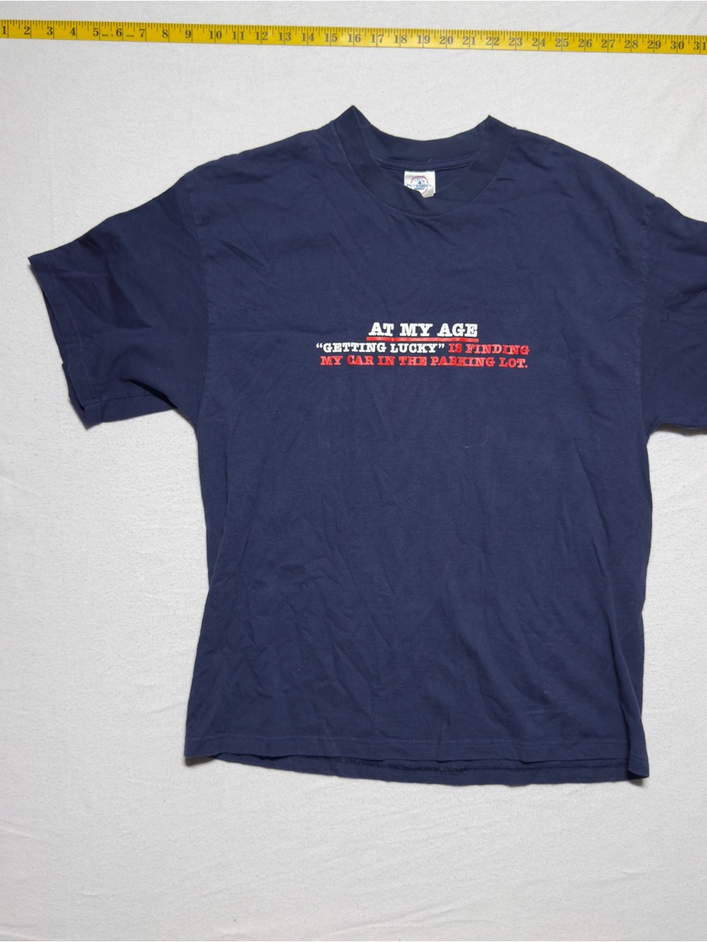 Vintage 1990s/2000s Navy Graphic Tee - 'At My Age' Short Sleeve Shirt